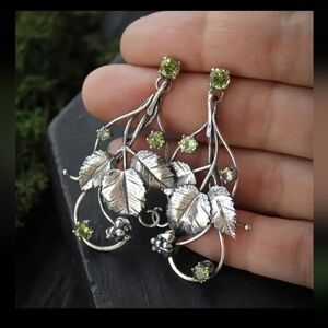 Vine Leaf With Green Glass Accent Earrings
